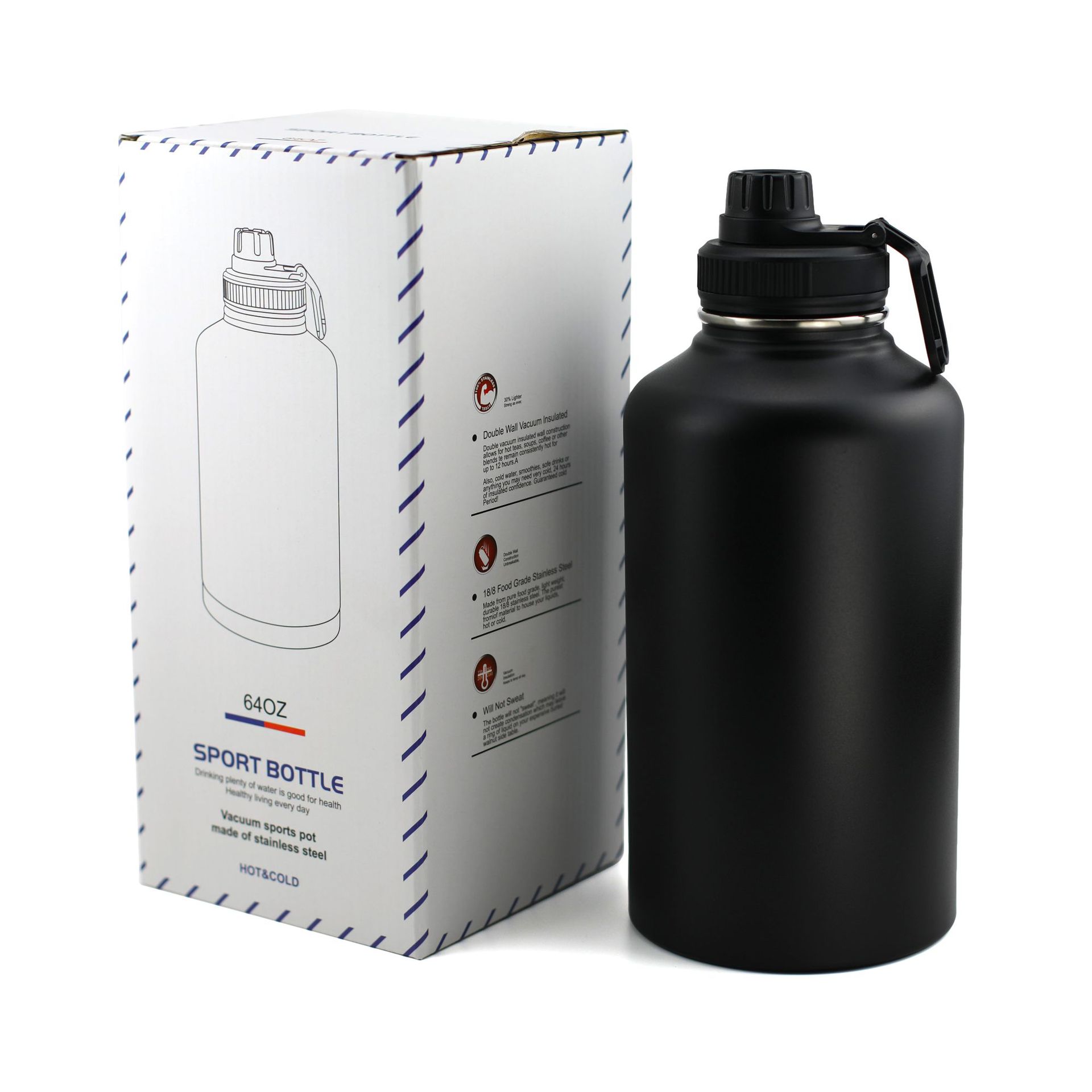 Botella de agua deportiva de gran capacidad para exteriores, estilo americano, 64 oz, doble capa, aislada, de acero inoxidable 304.