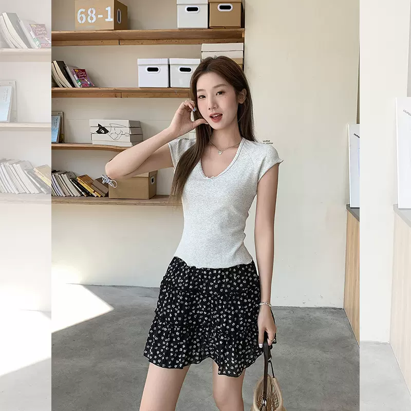 韩系温柔甜美风蝴蝶结蕾丝拼接设计木耳边短袖T恤女夏季绝美上衣
