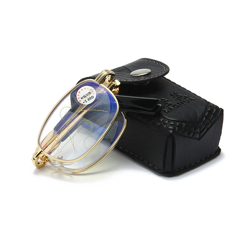 Metal frame men and women folding portable box anti-blue light reading glasses long and near dual-use dual-light presbyopia mirror multi-focus