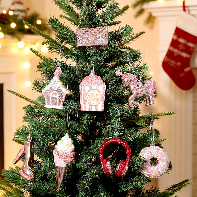 Colgantes navideños transfronterizos colgantes de decoración de árbol de Navidad galvanizados de color rosa colgantes de ambiente de fiesta suministros de decoración navideña