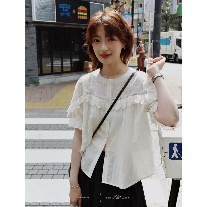 2026 Summer New Japanese-Style Lace Patchwork Tencel Linen Heavy Embroidery Blouse French Short-Sleeve Shirt