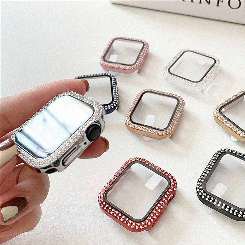 Adecuado para Apple doble fila diamante con caja de cristal Apple watch7/SE/6/5/43 todo incluido resistente a la caída caso duro