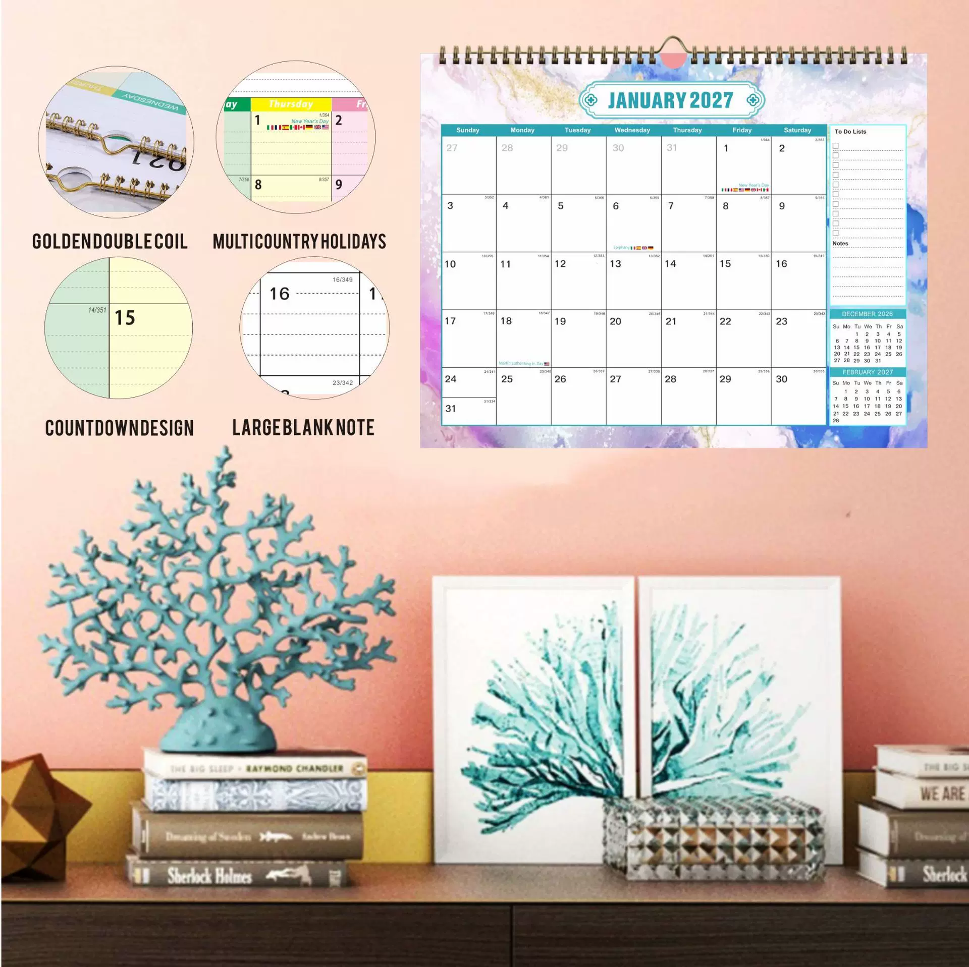 2026-2027年挂历美国加拿大德园月历台历假期英文版日历跨境热销