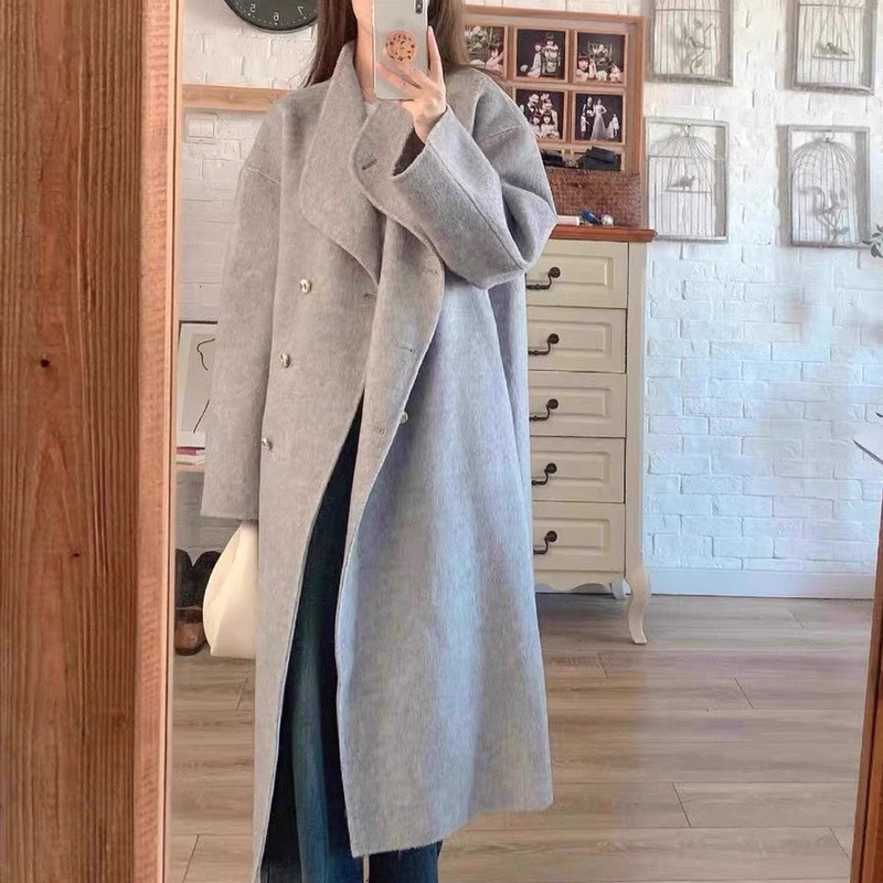 2025 High-End and Super Good-Looking Stand-Up Collar Gray Extended Double-Sided Woolen Outwear Autumn and Winter Woolen Outwear for Women
