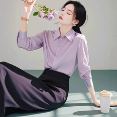 早秋穿搭盐系轻熟气质高级感紫色衬衫半身裙两件职业套装2025女