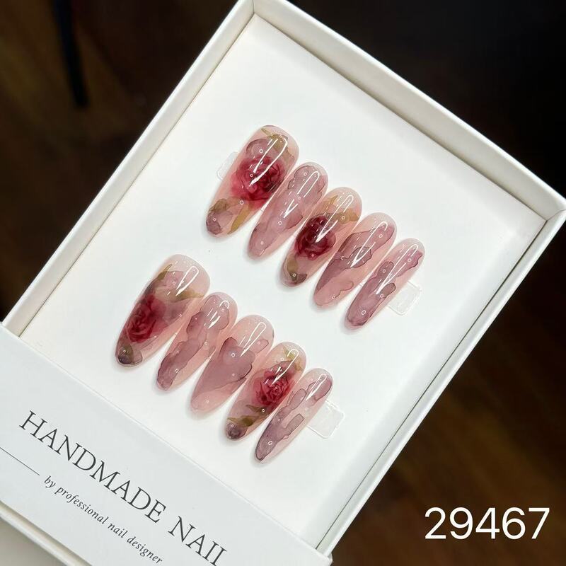 【純手作りのつけ爪29-32】ロングフレンチキャットアイパッチ付け爪、取り外し可能なネイルアートコレクション|undefined
