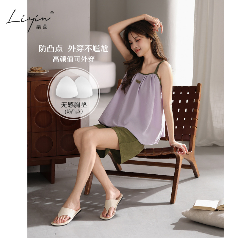 Li Yin's New Bubble Foam Summer Sexy Suspender Pajamas for Women to Wear Outside with Padded Shorts Home Clothes Set