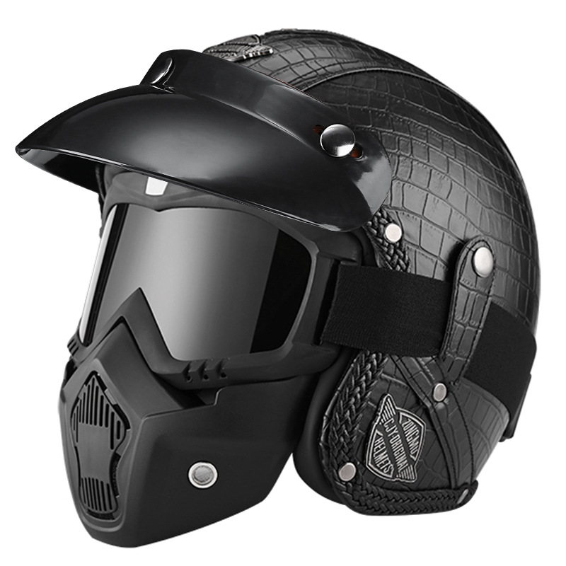 555 가죽 헬멧-검은 악어 패턴 + 마스크