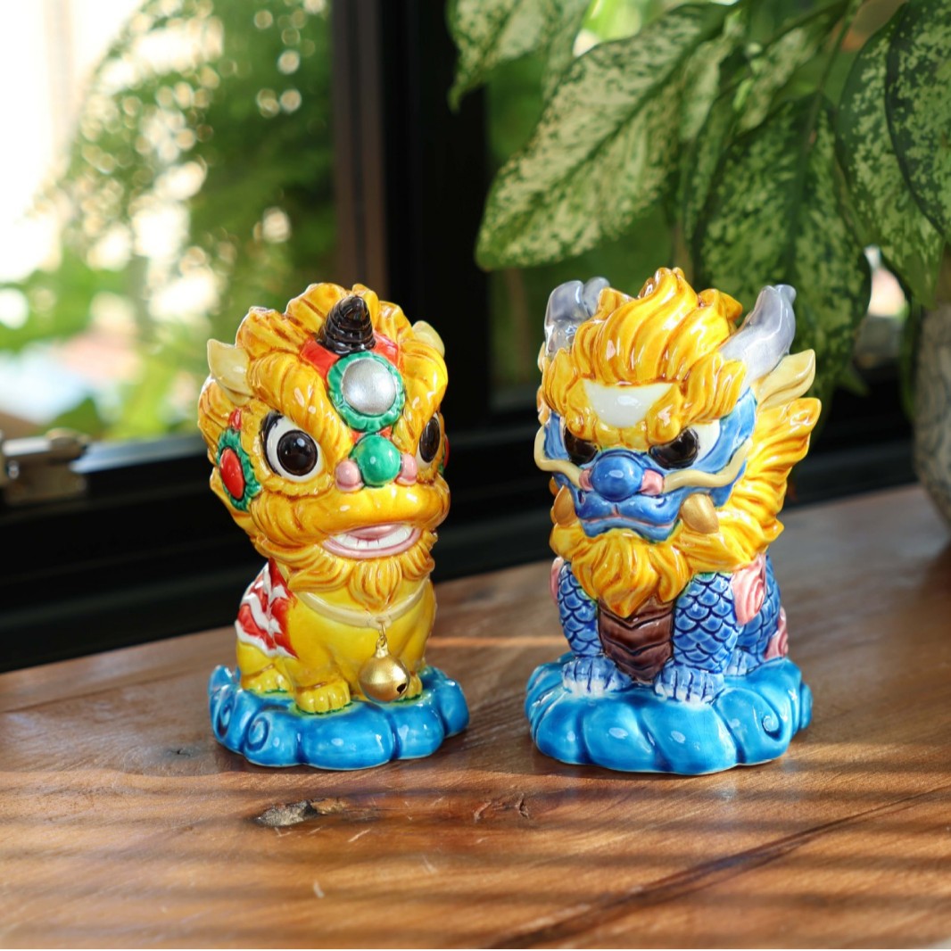 国潮文创交趾陶彩色狮礼诚龙摆件客厅家居装饰风水礼品工艺品