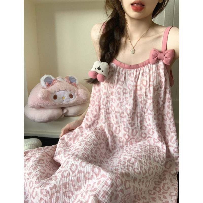 Summer Girl Sweet Leopard Print Pure Cotton Gauze Nightgown Women's 2026 New Summer Suspender Dress Pajamas Can Be Worn Outside in Summer