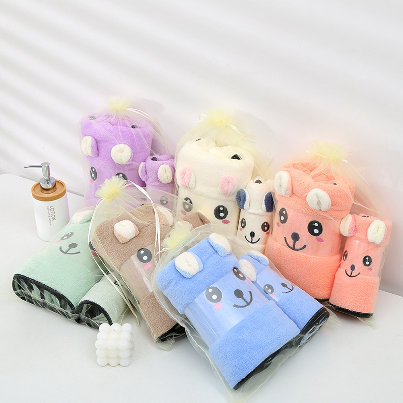 Gift towel set factory wholesale high density coral velvet cartoon Three-dimensional rabbit ears towel bath towel one-piece delivery