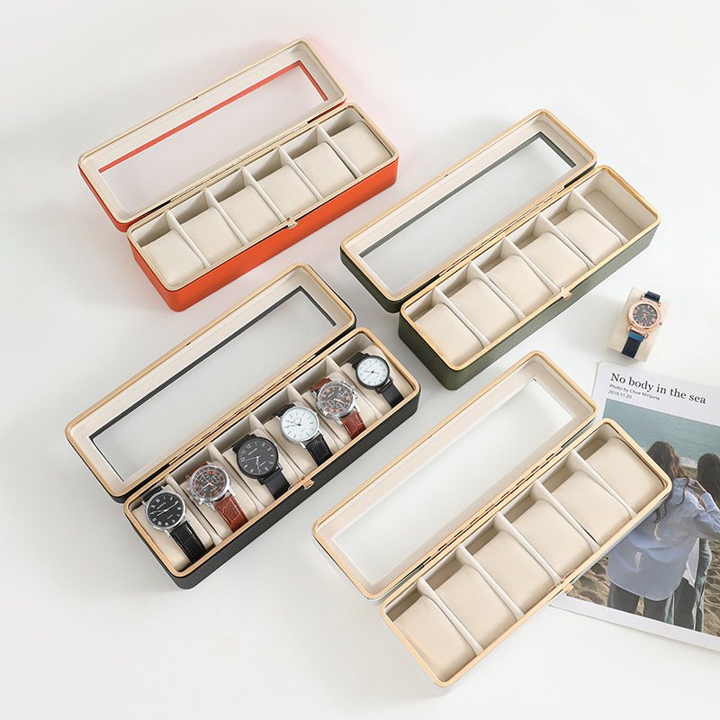 Exquisite High-End Watch Box with Metal Frame, Window-Opening Leather Flip-Top Display Box, Hand-Decorated Leather Watch Storage Box