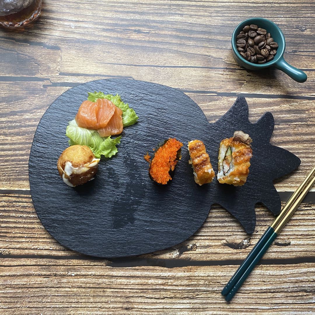 Forma de piña de estilo japonés Placa de roca negra restaurante occidental postre sushi placa Placa de pizarra natural placa plana