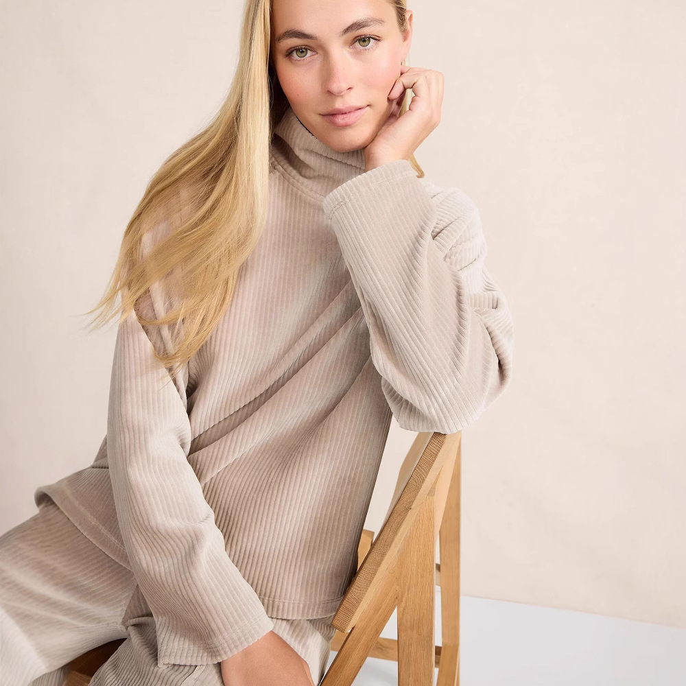 2024秋冬新款外贸欧美两件套高领纯色休闲舒适坑条长袖卫衣套装