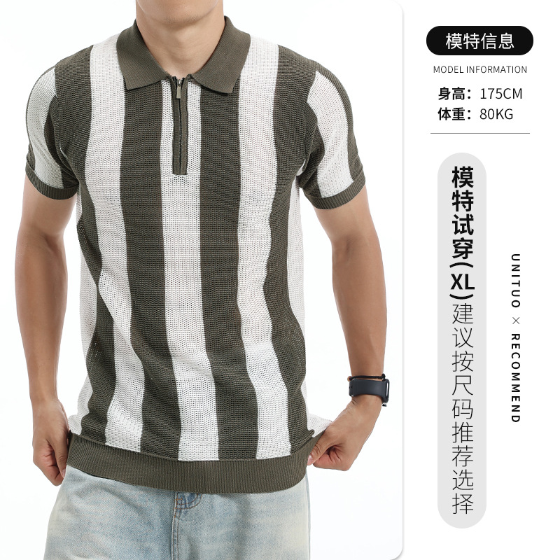Europa y los Estados Unidos transfronterizos para hombres colores contrastantes rayas verticales jersey polo seda de hielo semia cremallera collar manga corta hombre de negocios casual