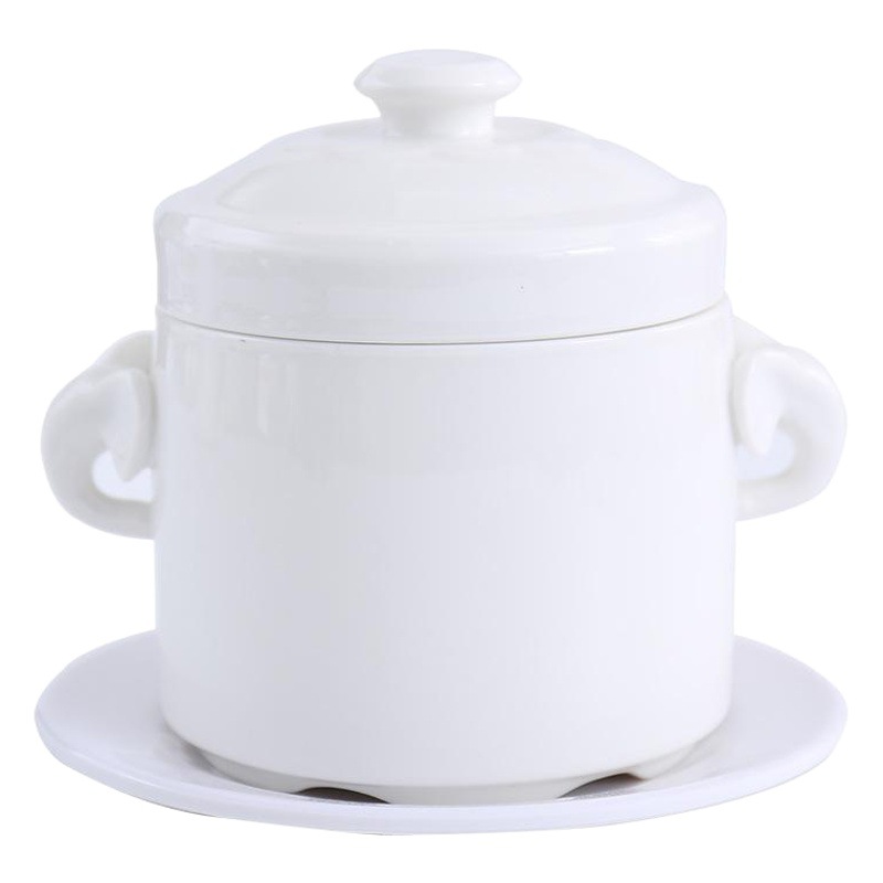 Ceramic Double-Handle Stew Pot, Available in Various Sizes, Water-Sealed Bird's Nest Stew Pot, Pure White Double-Lid Soup Pot, Soup Jar, Stew Jar for Hotels and Restaurants