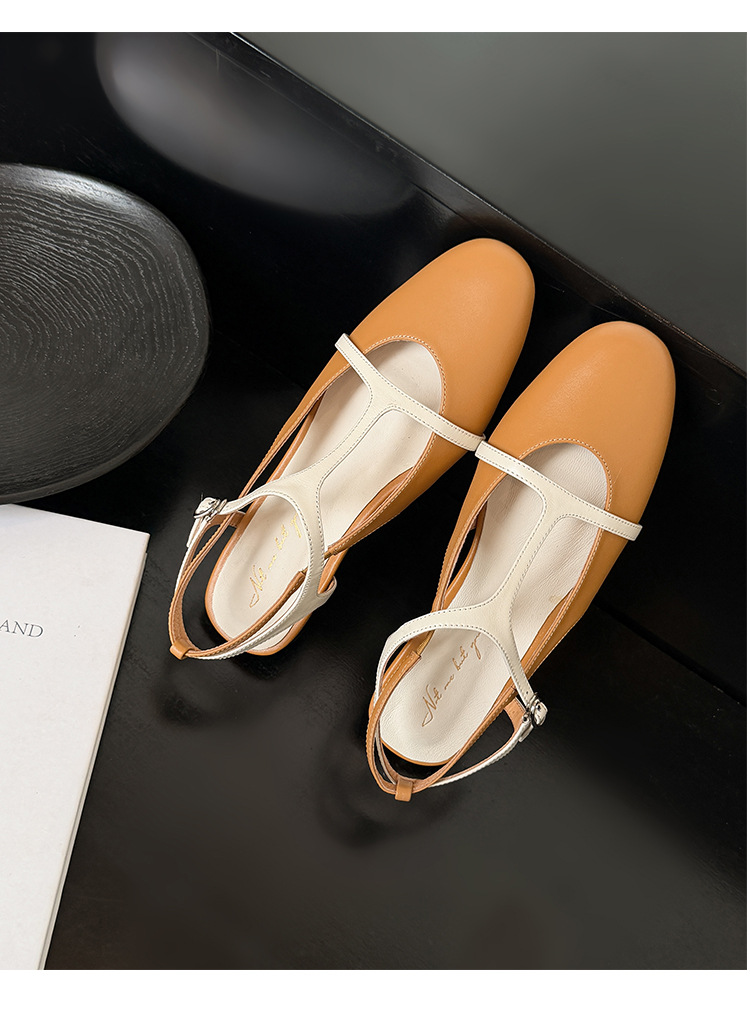 Sandal nữ quai chữ T bít mũi đế bệt da bò phối màu phong cách Hàn — màu nâu chi tiết 20