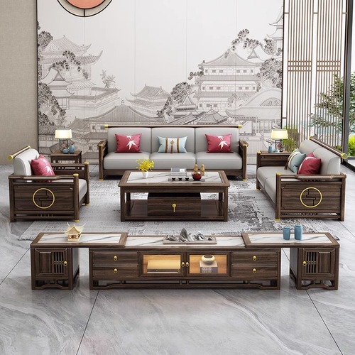 New Chinese style solid wood sofa furniture ebony wood modern light luxury copper decoration villa size living room sofa