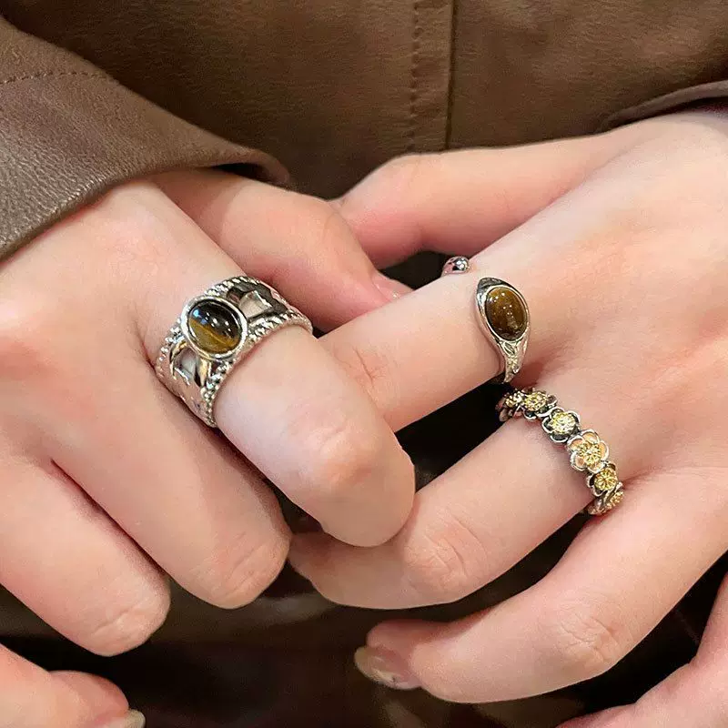 美拉德虎眼石花朵戒指女小众设计复古开口食指戒轻奢个性指环