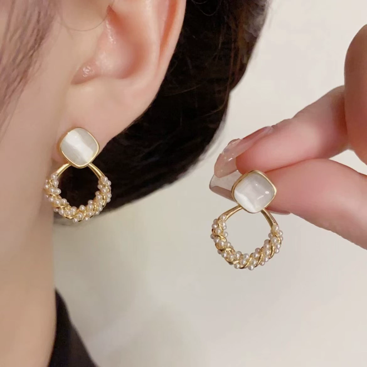 Серьги из жемчуга, универсальная серебряная игла, стиль светлый люкс, кошачий глаз, образец серебра 925, простой и элегантный дизайн