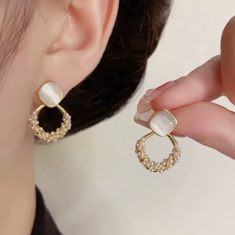 Серьги из жемчуга, универсальная серебряная игла, стиль светлый люкс, кошачий глаз, образец серебра 925, простой и элегантный дизайн
