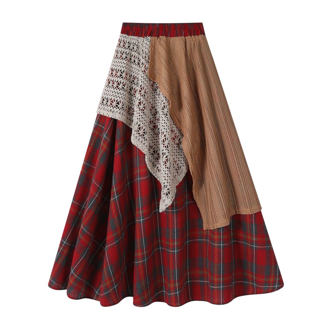 Carefully Selected Japanese-Style Mori Girl Retro Half-Skirt with Irregular Heavy-Duty Plaid Lace Patchwork, High-Waisted Long Skirt