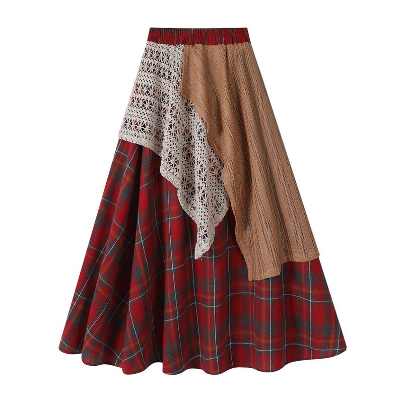 Carefully Selected Japanese-Style Mori Girl Retro Half-Skirt with Irregular Heavy-Duty Plaid Lace Patchwork, High-Waisted Long Skirt Carefully Selected Japanese-Style Mori Girl Retro Half-Skirt with Irregular Heavy-Duty Plaid Lace Patchwork, High-Waisted Long Skirt