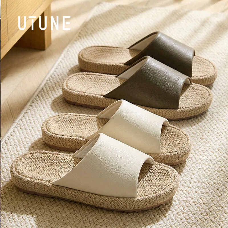 Premium Leather and Linen Slippers for Men and Women, Suitable for Home and Leisure, with Soft Non-Slip Soles, Breathable and Silent, for Couples Premium Leather and Linen Slippers for Men and Women, Suitable for Home and Leisure, with Soft Non-Slip Soles, Breathable and Silent, for Couples