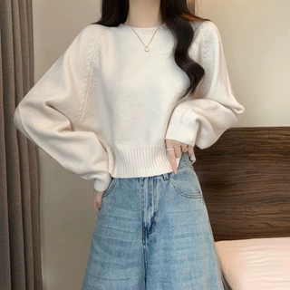 韩系学院风圆领套头软糯毛衣打底衫女宽松显瘦针织衫内搭短款上衣