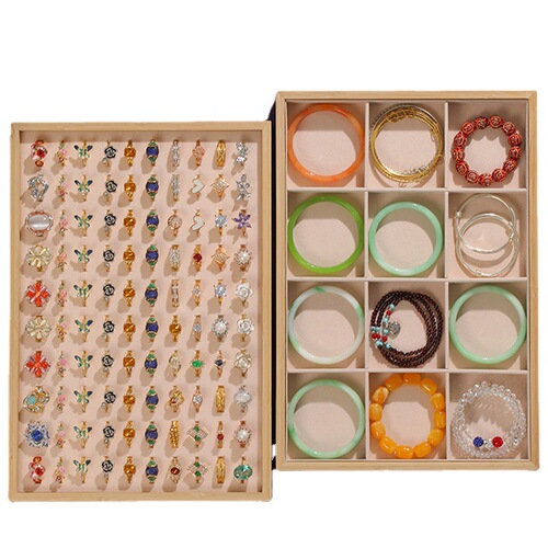 Bamboo wood, beige velvet jewelry display plate, ring necklace, ear replacement jewelry counter, night market storage box, earrings