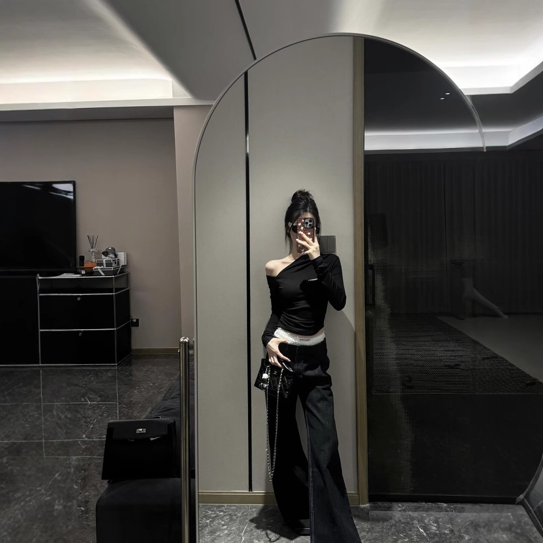 [재고] 난유 가을 레이스 바느질 허리 머리 느슨한 넓은 다리 청바지 여성