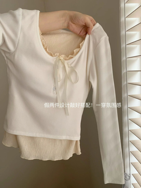 秋装假两件内搭打底衫女2024早春芭蕾风纯欲长袖上衣修身别致T恤|undefined