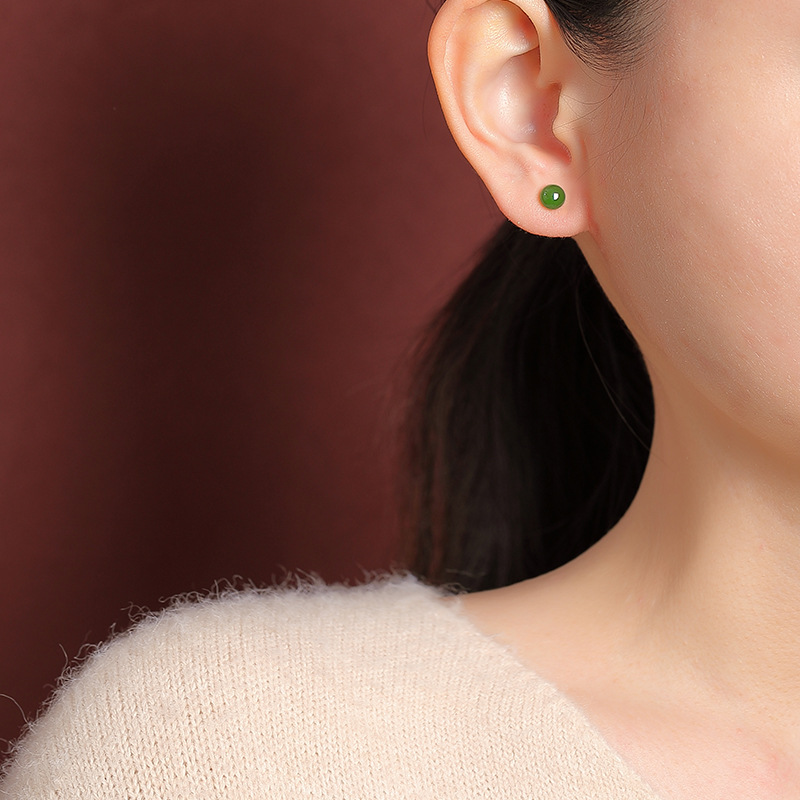 Bông tai bạc S925 mạ vàng đính ngọc bích Hetian jasper hạt tròn đơn giản — Mô hình sáp ong