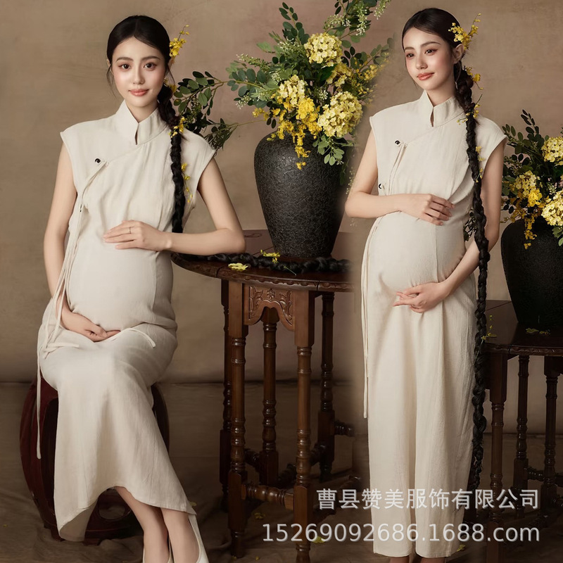 New Style Maternity Photo Shoot Clothing for Photo Studios, French and New Chinese Style Sleeveless Qipao for Female Photoshoots, Pregnant Mommy Belly Photos New Style Maternity Photo Shoot Clothing for Photo Studios, French and New Chinese Style Sleeveless Qipao for Female Photoshoots, Pregnant Mommy Belly Photos