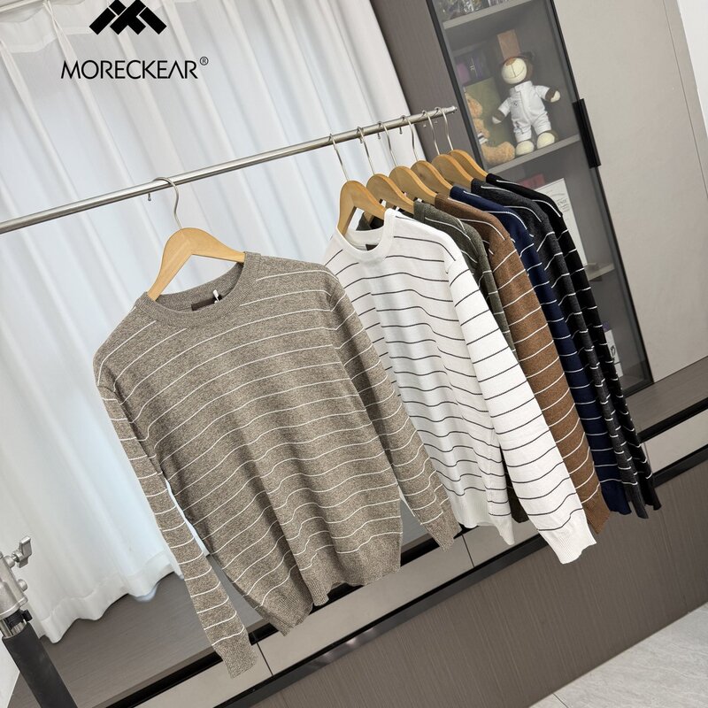 Refreshing and comfortable! 2026 Fall/Winter new men's fine striped casual versatile crew neck knit sweater in black and white Refreshing and comfortable! 2026 Fall/Winter new men's fine striped casual versatile crew neck knit sweater in black and white