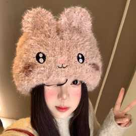 可爱小兔子毛绒针织帽女秋冬季甜美显脸小毛线帽保暖护耳包头帽子