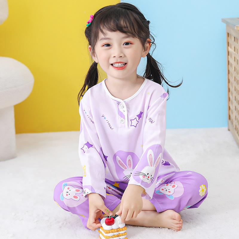 Children's Cotton Silk Pajamas Summer Thin Cotton Silk Long-Sleeved Baby Home Clothes Boys and Girls Suits Street Stall Wholesale