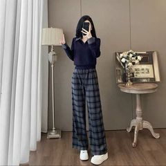 韩系减龄穿搭休闲套装女秋装搭配一整套翻领上衣格纹阔腿裤两件套