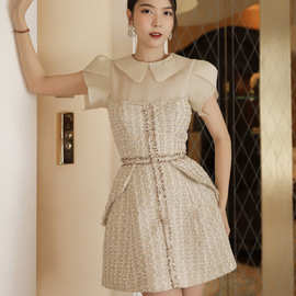 越南小众2024早春新款粗花呢欧根纱连衣裙小礼服裙设计感女装1517