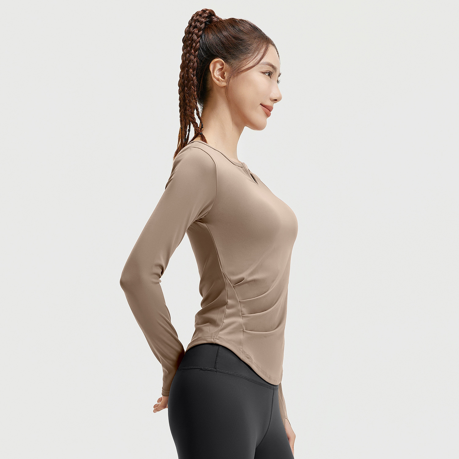 Juyi Tang cuello V manga larga desnuda yoga ropa de cintura doblada delgada ajustada ropa deportiva de fitness