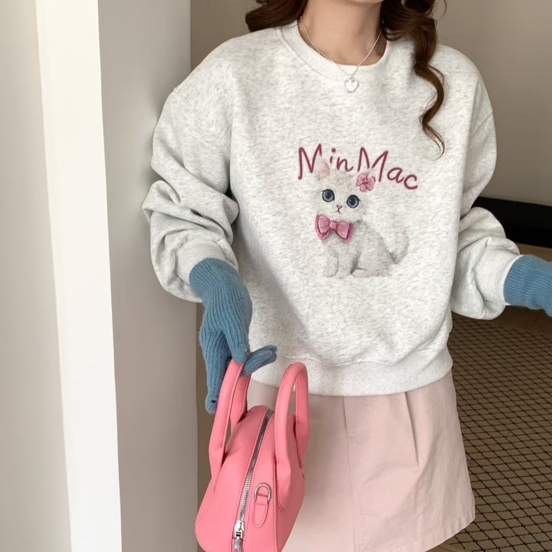 韩系卡通猫咪图案长袖百搭卫衣女2025秋新款甜美保暖宽松无帽上衣