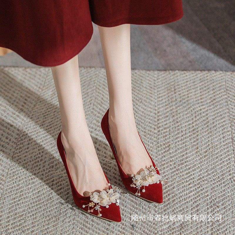 Wedding Shoes, Bridal Shoes, Red Stilettos, Spring Women's 2025 New Style, Non-Tiring Flat-Soled Chinese Wedding Dress Toasting Shoes