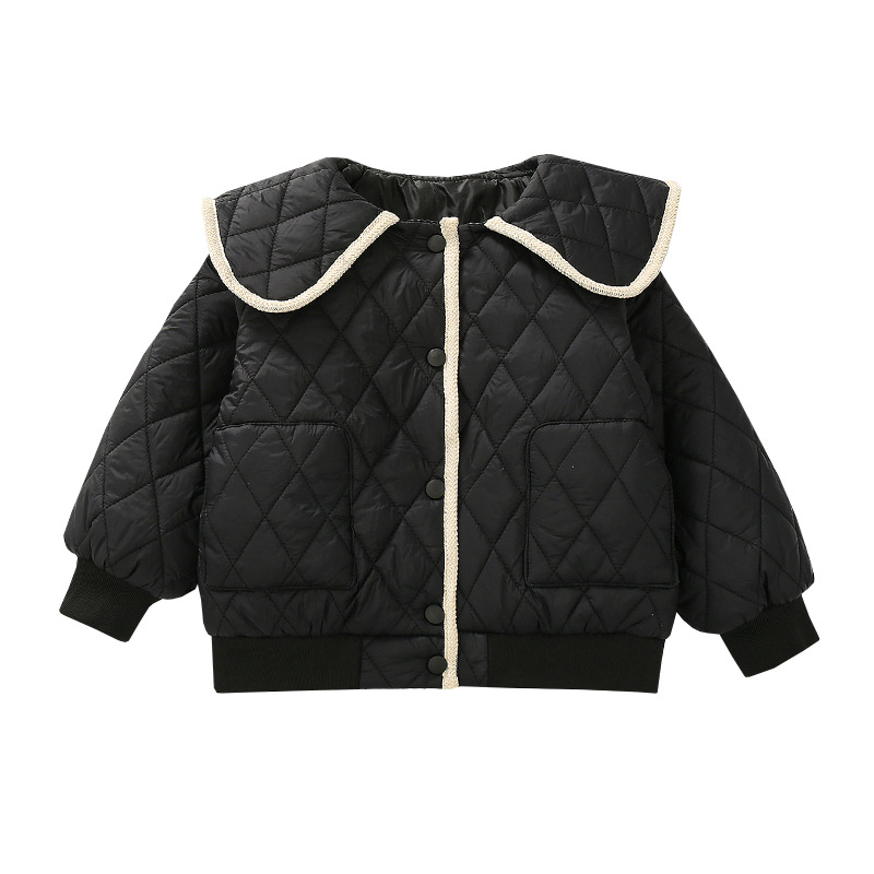 Elegante chaqueta acolchada de algodón para niñas de estilo occidental al por mayor engrosada chaqueta acolchada de algodón de invierno cálido collar de muñeca de estilo azul marino chaqueta acolchada de algodón para bebés