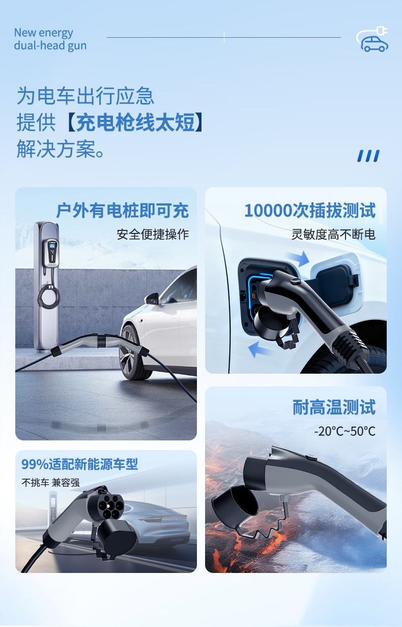 Ac Charging Station Extension Cable 16/32A 7Kw Dual-Gun New Energy Slow Charging Station Extension Cable with National Standard Universal Interface