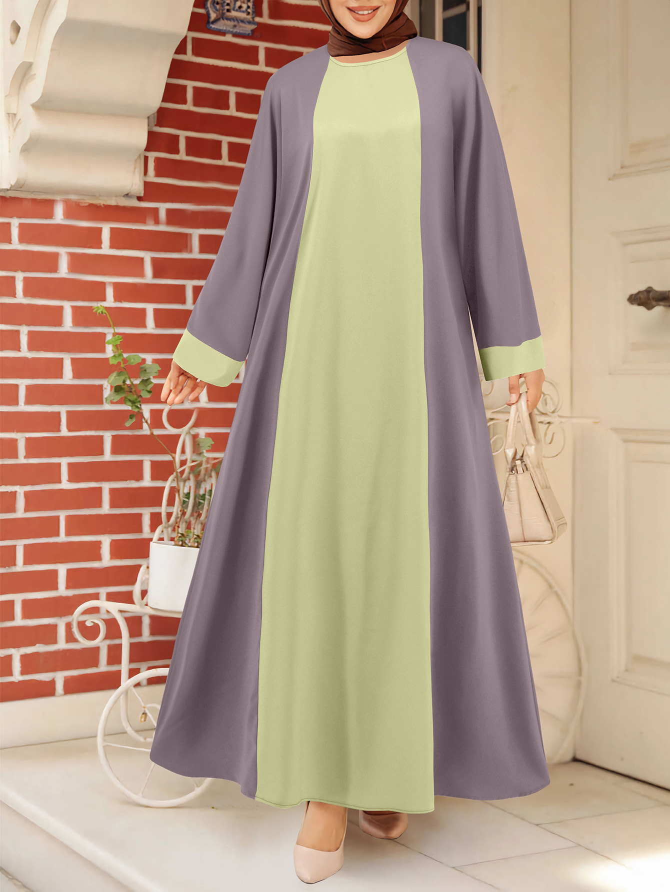 2025 Spring/Summer New Middle Eastern Arab Women's Loose Elegant Contrast Color Round Neck Robe Dress_ecoleips.com