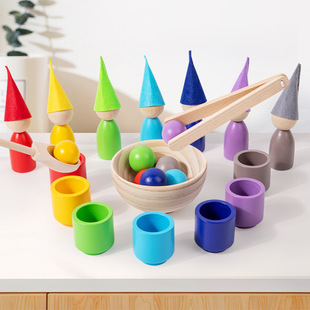 New Kidsren's Educational Fun Hat 12-Color Ball and Cup Color Classification Wooden Toy Seven-Color Macaron Coin-Operated