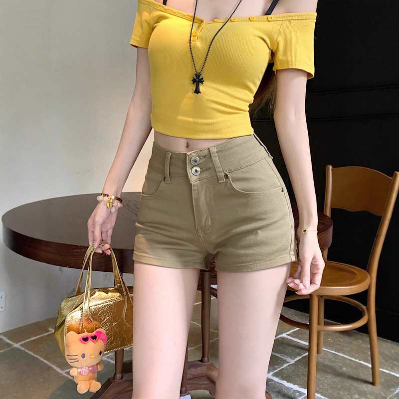 Khaki Denim Shorts for Women, Summer Two-Button Straight Pants, Hot Girl High-Waisted Hip-Hugging Pants, Versatile A-Line Hot Pants