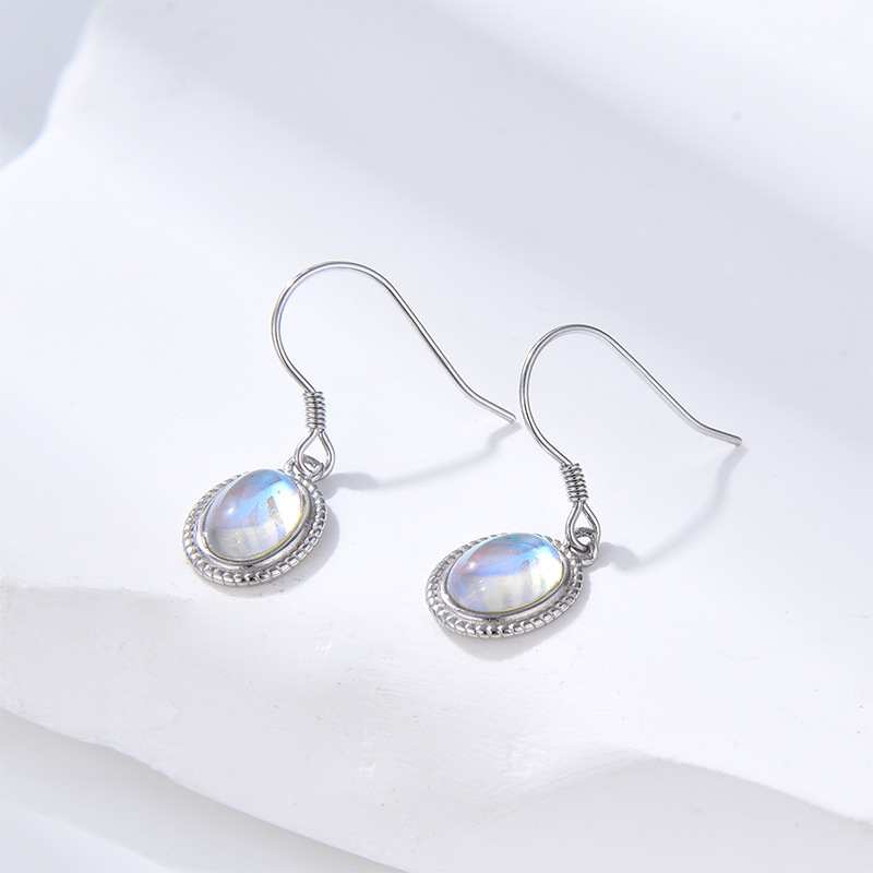 Transfronterizo Amazon nuevos pendientes de piedra lunar ovalados de plata de ley 925 pendientes de diseño de nicho femenino pendientes simples