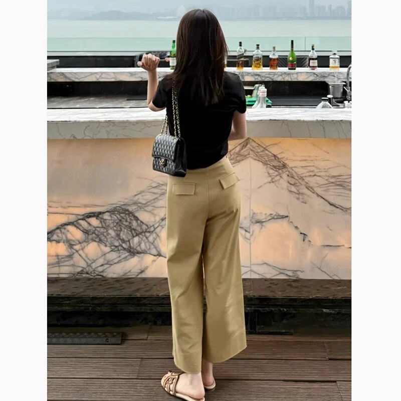 khaki High Waist Straight Wide Leg Casual Pants Women's Summer New Loose Slimming Pear-Shape Cropped Pants