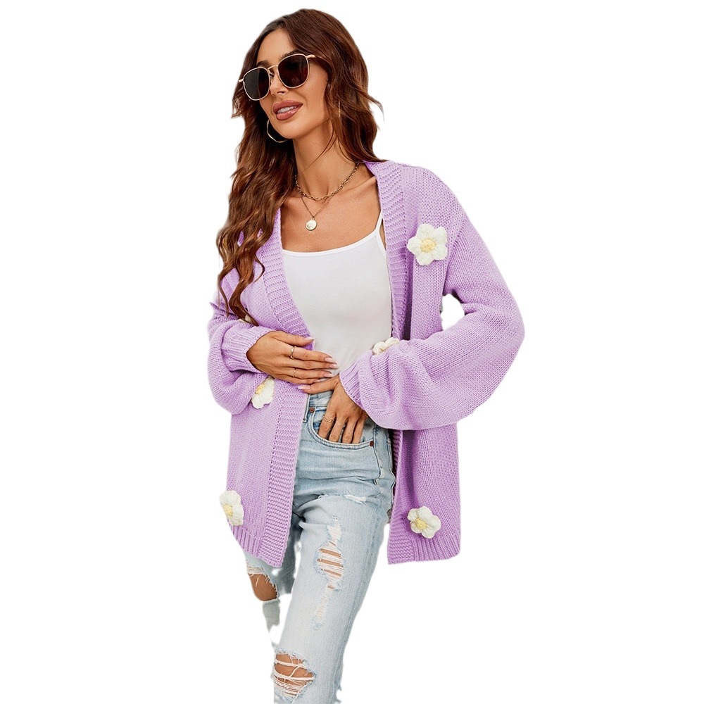2023 primavera nuevo estilo europeo y americano de talla grande ropa de mujer rebeca de flores transfronterizas de Amazon suéter de manga de linterna chaqueta mujer image 6